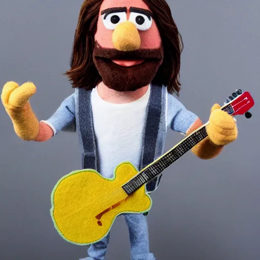 Image similar to bearded dave grohl as a muppet playing guitar. highly detailed felt. hyper real photo. 4 k.