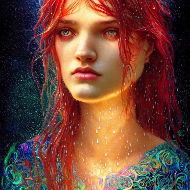 Image similar to bright asthetic portrait LSD glowing backlit rain on face and wet hair, fantasy, intricate, elegant, dramatic lighting, highly detailed, lifelike, photorealistic, digital painting, artstation, illustration, concept art, smooth, sharp focus, art by John Collier and Albert Aublet and Krenz Cushart and Artem Demura and Alphonse Mucha