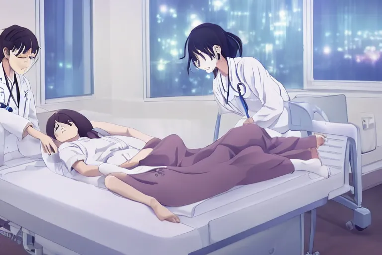 Image similar to a cute and beautiful young female doctor wearing white coat are taking care of a patient on a bed in a hospital ward, slice of life anime, anime scenery by Makoto shinkai