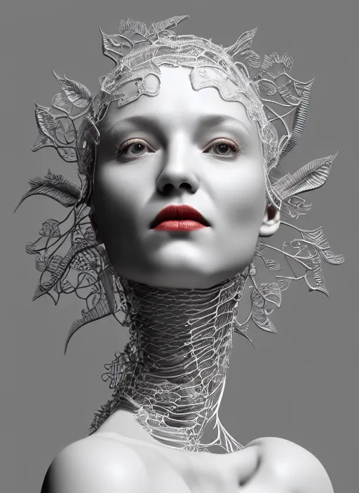 Image similar to complex 3d render ultra detailed of a beautiful porcelain profile woman face, mechanical cyborg, 150 mm, beautiful natural soft light, rim light, studio light, silver gold details, magnolia big leaves and stems, roots, fine foliage lace, mesh wire, intricate details, hyperrealistic, mandelbrot fractal, anatomical, red lips, white metal armor, facial muscles, cable wires, microchip, elegant, Alexander Mcqueen haute couture, wabi sabi, octane render, H.R. Giger style, 8k