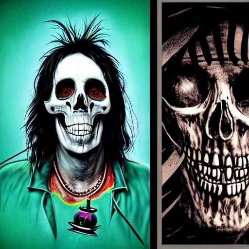 Image similar to graphic illustration, creative design, alice cooper as a skull, biopunk, francis bacon, highly detailed, hunter s thompson, concept art