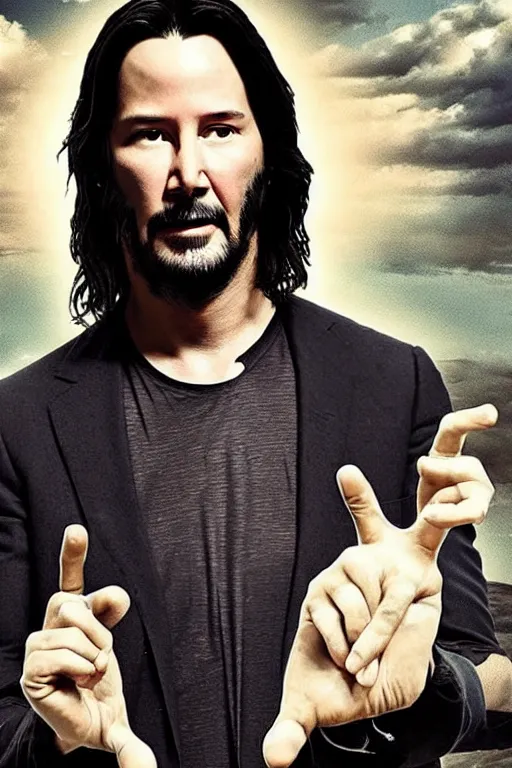 Prompt: Keanu Reeves as Jesus Christ on the cover of a movie poster for a movie directed by Christopher Nolan, movie poster design, Keanu is t-posing, t-pose