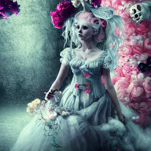 Image similar to 8 k, octane render, realism, tonalism, renaissance, rococo, baroque, cotton candy, creepy young lady wearing long harajuku manga dress with flowers and skulls ( background chaotic flowers )