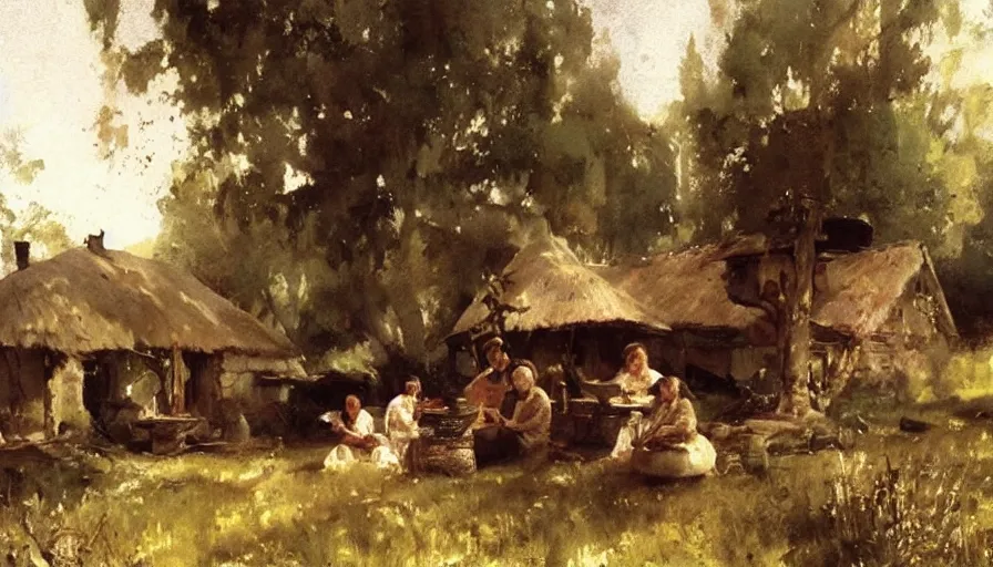 Image similar to simple villager family about to eat a meal together in their beautiful simple cottage home, art by anders zorn, wonderful masterpiece by greg rutkowski, beautiful cinematic light, american romanticism thomas lawrence, greg rutkowski