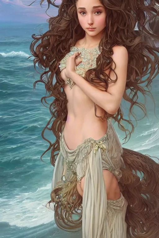 Prompt: beautiful cottagecore Ariana Grande, mermaid kingdom, beautiful Hair, magical beach, intricate, elegant, highly detailed, digital painting, artstation, concept art, smooth, sharp, focus, illustration, art by artgerm and greg rutkowski and alphonse mucha