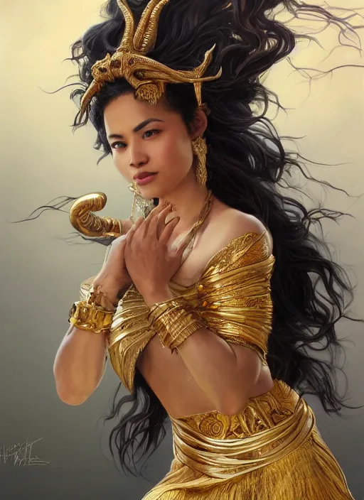 Image similar to fullbody!! dynamic movement pose, beautiful ethnic woman with flowing hair, big natural horns on her head, gold jewellery, dnd, face, fantasy, intricate, elegant, highly detailed, digital painting, artstation, concept art, smooth, sharp focus, illustration, art by artgerm and greg rutkowski and alphonse mucha