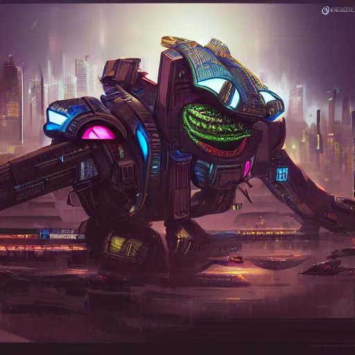 Image similar to futuristic advanced cyberpunk anfas pepe, artstation, marvel, hyper detailed, transformers