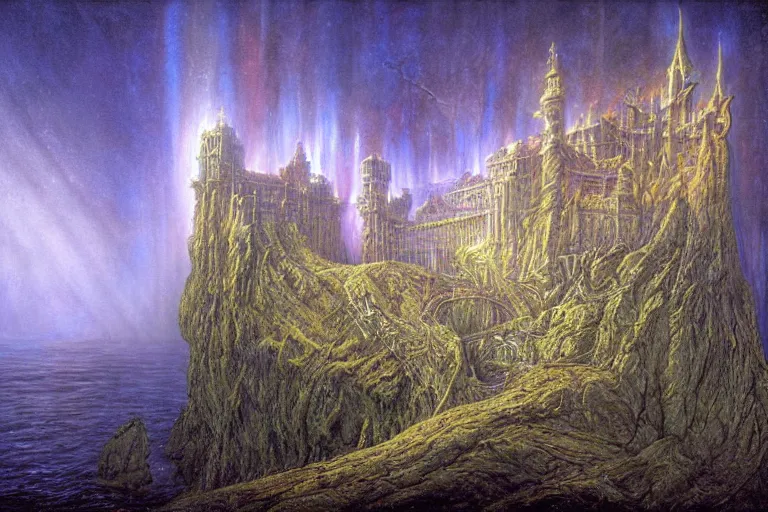 Image similar to highly detailed photoreal eldritch biomechanical castle on a cliff, aurora borealis, psychedelic by alan lee, john howe. ted naismith