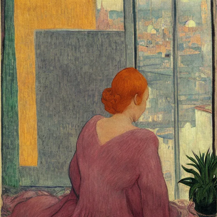 Image similar to portrait of woman in night gown, white cat and aloe house plant with brutalist city seen from a window frame with curtains. night. agnes pelton, caravaggio, bonnard, henri de toulouse - lautrec, utamaro, matisse, monet