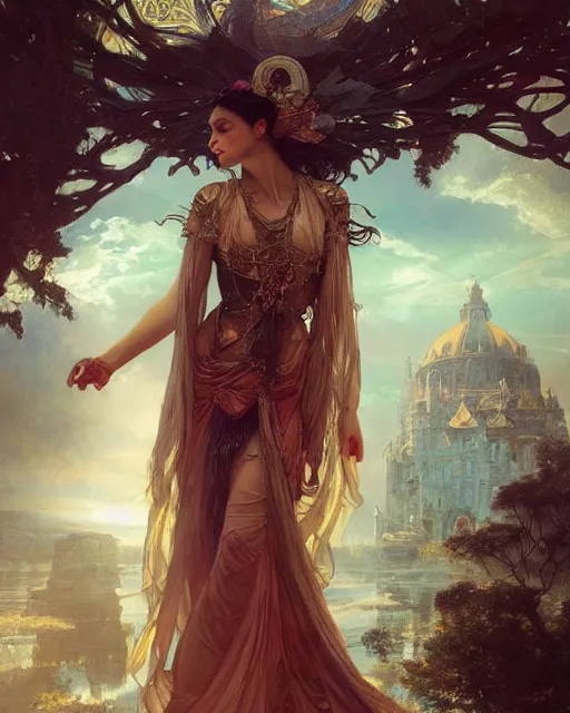 Image similar to a beautiful close up portrait of a sorceress floating on air with elegant looks, flowing robe, ornate and flowing, intricate and soft by ruan jia, tom bagshaw, alphonse mucha, wlop, beautiful roman architectural ruins in the background, epic sky, vray render, artstation, deviantart, pinterest, 5 0 0 px models