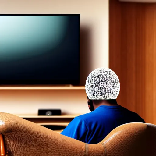 Prompt: a man with shit on his head sits on a chair in front of the tv, digital art, many details, super realistic, high quality, 8 k