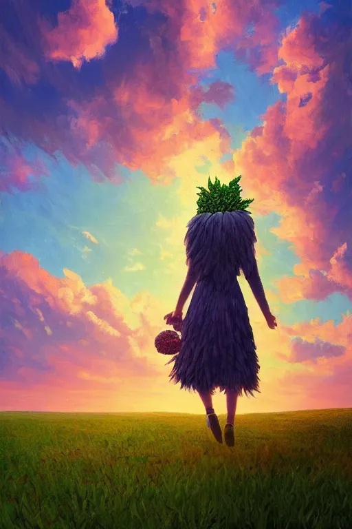 Image similar to giant corn flower head, girl walking in a green valley, surreal photography, sunrise, dramatic light, impressionist painting, colorful clouds, digital painting, artstation, simon stalenhag