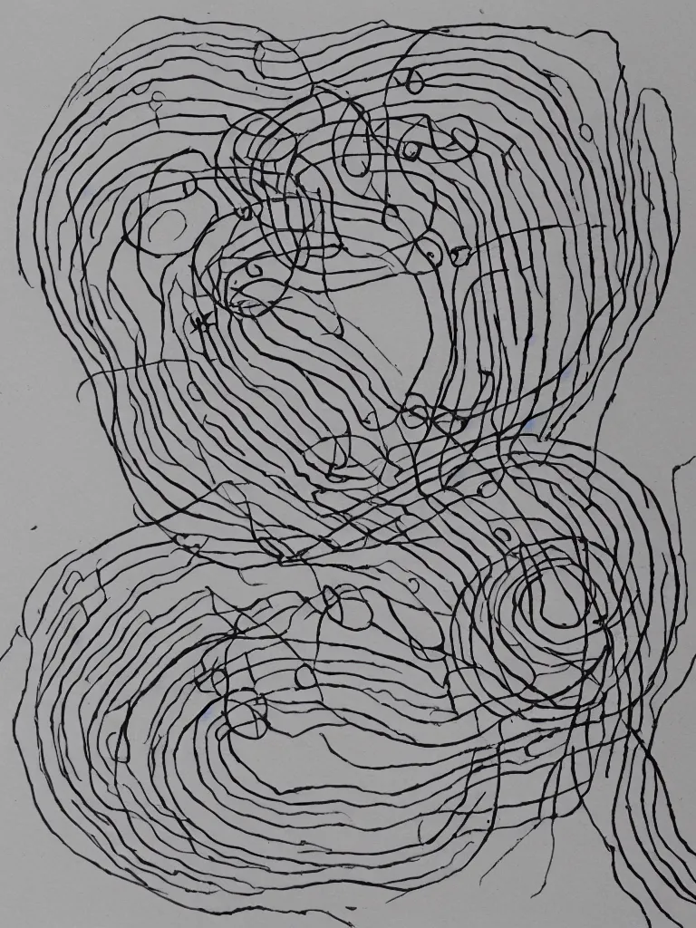 Prompt: single line drawing, acorn that turns into a tree in shape of treble clef, dividing line up the middle like a scar, bursts of color when crossing scar, trending on art station