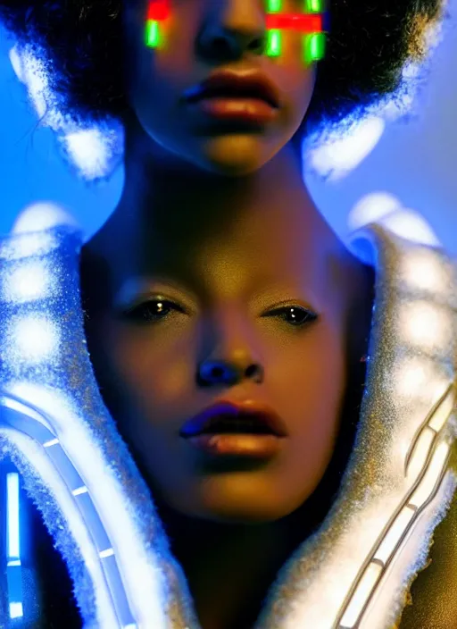 Image similar to an black american female humanoid, cyber neon lighting, futurism, intricate futuristic led lit jewelry, cyberpunk glossy white latex swimwear, profile posing, hyper photorealistic, crispy quality, digital photography, trending in artstation, trending in pinterest, cinematic, 4 k ultra hd, art by pascal blanche, art by greg rutkowski,