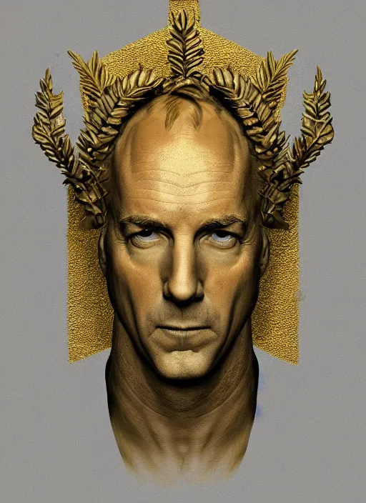 Image similar to symmetry!! portrait of bob odenkirk in cement, with a gold laurel wreath on head, dramatic rendering, fantasy, medieval wear, intricate, elegant, highly detailed, artstation, concept art, smooth, sharp focus, sculpture!!