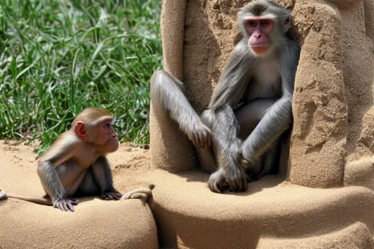 Prompt: a monkey touching a sand castle