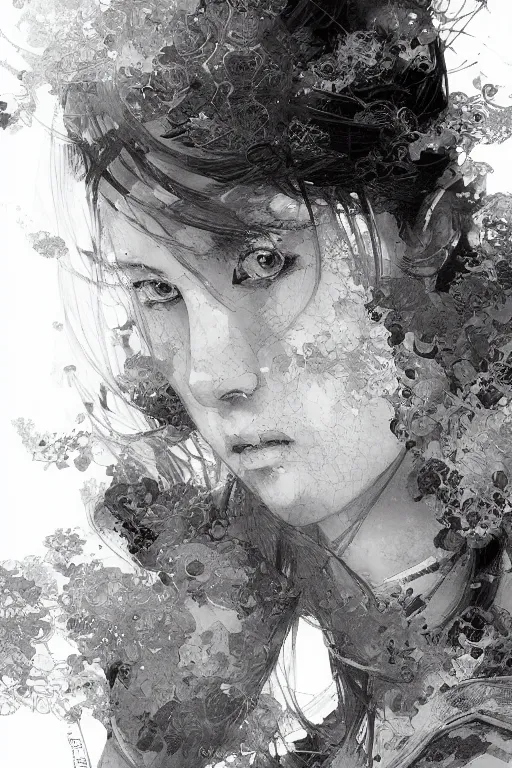 Prompt: portrait of anime woman, pen and ink, intricate line drawings, by craig mullins, ruan jia, kentaro miura, greg rutkowski