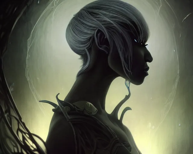 Prompt: a 4 k cinematic screenshot still portrait of a drow in a dark liminal space room surrounded by spider webs, deep focus, d & d, fantasy, intricate, elegant, highly detailed, digital painting, art station, concept art, matte, sharp focus, illustration, dark fantasy style art, hearthstone, art by artgerm and greg rutkowski and alphonse mucha