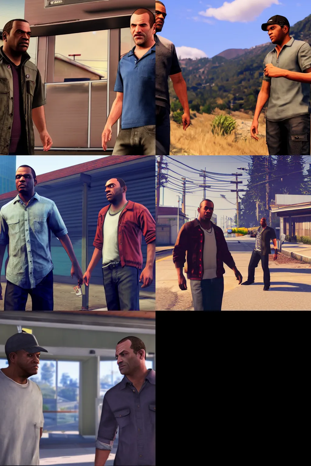Prompt: a screenshot of michael and trevor from gta 5, photoreal