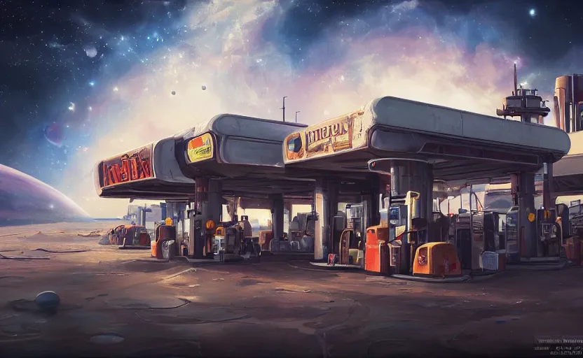 Image similar to gas station in space, 8 k, steampunk, hard edges, zoomed in, very coherent, sharp focus, rim light, exquisite lighting, hard edges, sci - fi, print, cinematic, game art, soft painting, trending on artstation