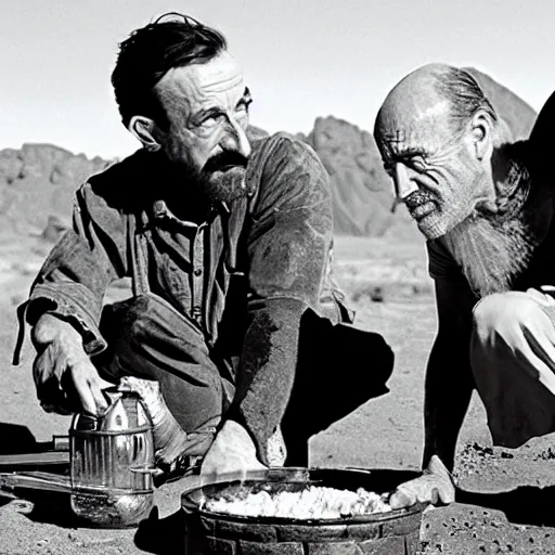 Image similar to walt and jessie cooking meth in the desert,