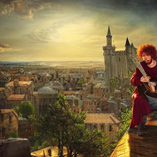 Prompt: a rugged man with curly red hair wearing a green cloak playing a guitar sitting on a roof top, medieval setting, entire city visible, zoomed out, atmospheric lighting, painted, intricate, volumetric lighting, beautiful, rich deep colours masterpiece, golden hour, digital art