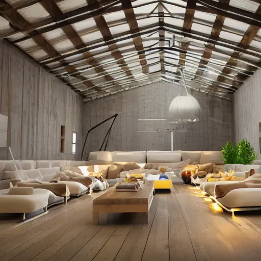 Prompt: interior view of modern futuristic farm barn architecture and interior design, lounge chairs with cows, sofas with pigs and chickens, wall art, detailed luminescent oil painting 4 k