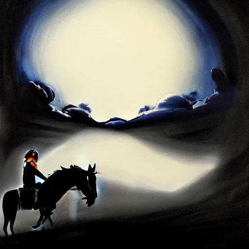 Prompt: a painting of a silhouette of a cowboy riding a horse into the dark horizon, high contrast, black and blue color scheme, dark, creepy, night, far away, in the distance