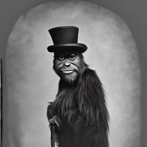 Prompt: a vintage wet plate portrait of a dignified bigfoot with a top hat and cane, extremely detailed, by george hurrell!!!!!!!!!!!!!!!!!!