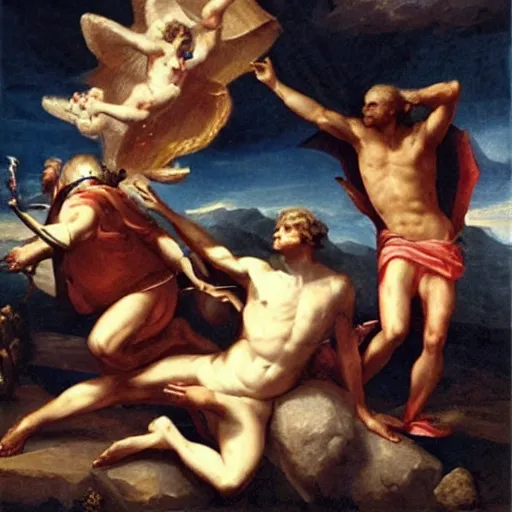 Prompt: god betrays humanity, joins forces with satan, neoclassical art