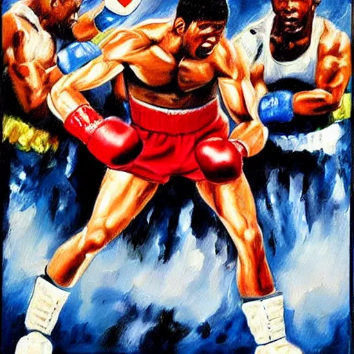 Image similar to rocky i fighting rocky iv oil painting