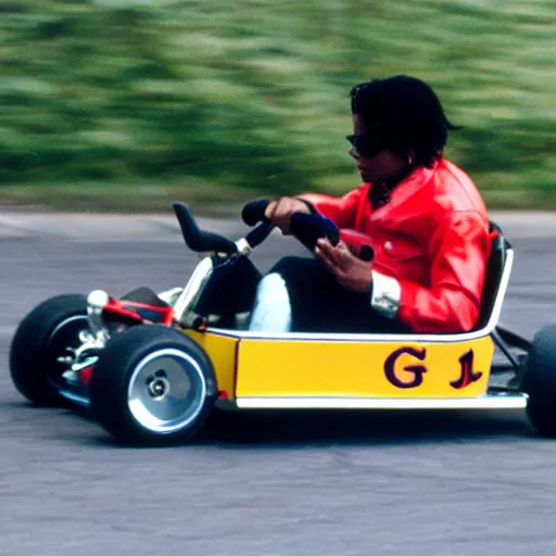 Image similar to photo of Michael Jackson driving a go kart 2002