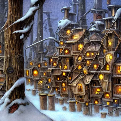 Image similar to a steampunk village on tall stilts in a snowy forest , by Naoto Hattori,