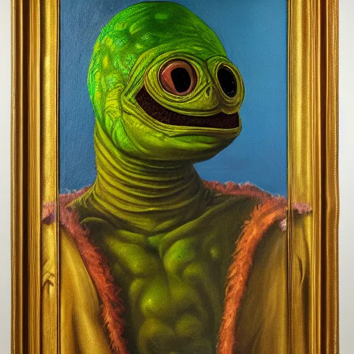 Prompt: portrait of sleestak, style of renaissance masters, painting, oil on canvas