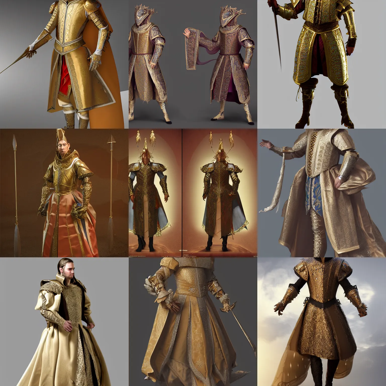 Prompt: concept art of a male nobles clothes in the renaissance. lightly armored. extravagant. extremely lavish. flowing silk. fantasy. 8 k. volumetric lighting. octane render. trending on artstation