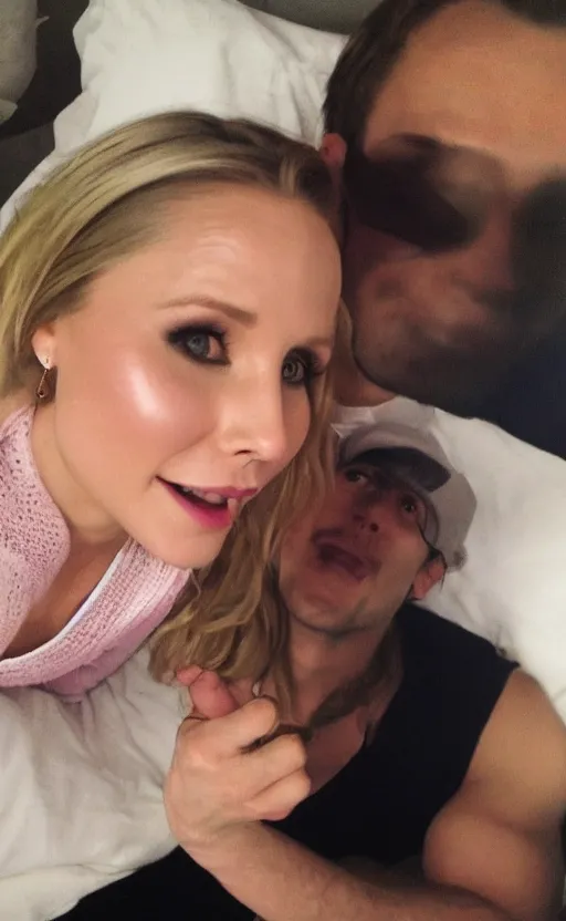 Prompt: first person view photograph i took of my sexy date with kristen bell, my pov, in my bedroom, on my bed