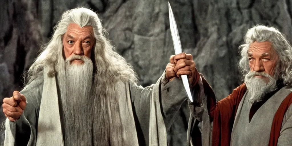 Image similar to Gandalf in the role of Captain Kirk in a scene from Star Trek the original series