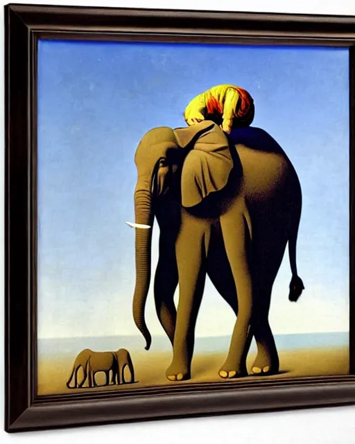 Prompt: portrait of adam ondra riding an elephant by magritte