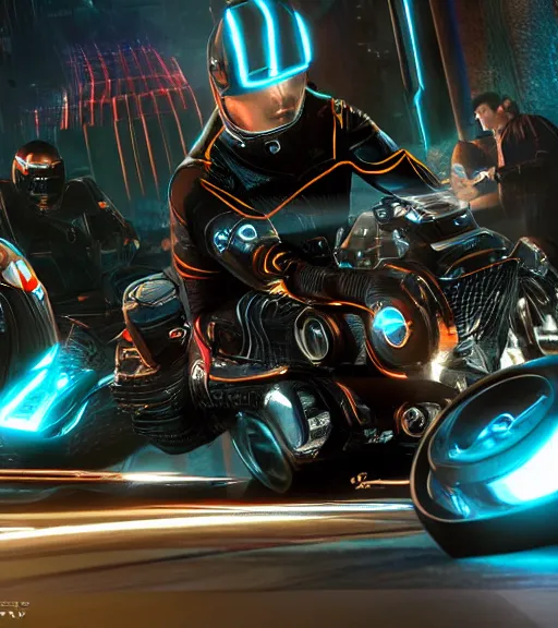 Prompt: tron legacy crowded motorcycle race to the ancient and majestic tower of babylon destroyed, hyper realistic, ambient lighting, concept art, intricate, hyper detailed, trakovsky greatest scene, smooth, dynamic volumetric lighting, octane, raytrace, cinematic, high quality, high resolution, 4 k, cgsociety, rutkowski, gurney