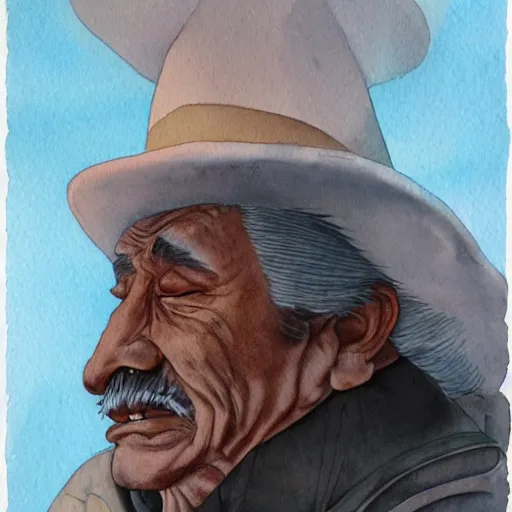 Image similar to a 3 / 4 view watercolor ink painting of old old mexican magician closes eyes, gray haired, in the style of jean giraud in the style of moebius trending on artstation deviantart pinterest detailed realistic hd 8 k high resolution