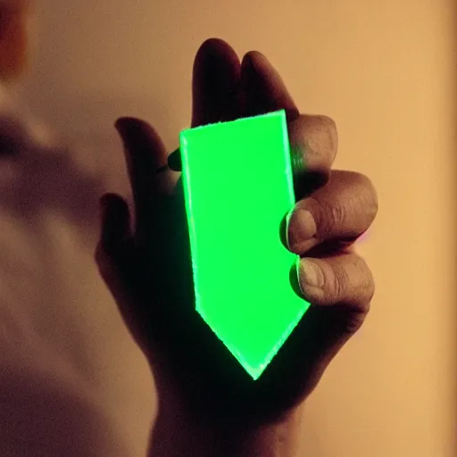 Image similar to a glowing shard of kryptonite held in an open black - gloved hand, pitch black, dimly lit only by the green glow of the kryptonite