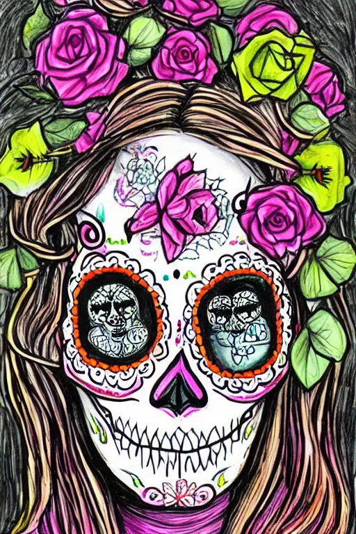 Image similar to illustration of a sugar skull day of the dead girl, art by neil gaiman