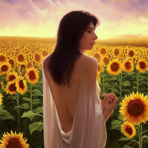 Image similar to Bedsheet Ghost in a field of sunflowers, sunset, Watercolor, photorealistic, high resolution, award winning, trending on artstation, olive skin, long dark hair, beautiful bone structure, intricate, elegant, highly detailed, digital painting, artstation, concept art, smooth, sharp focus, illustration, art by artgerm and greg rutkowski and alphonse mucha
