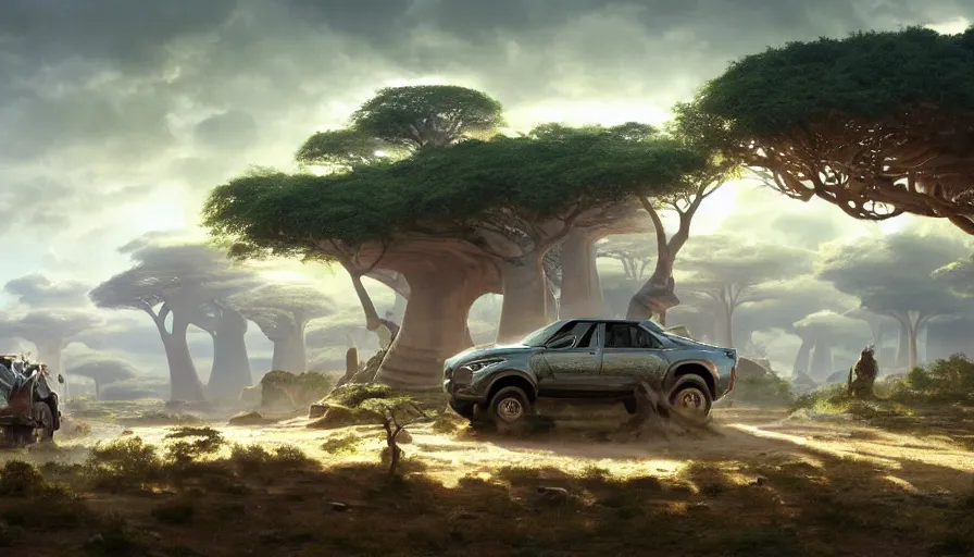 Image similar to an suv designed by ford driving through madagascar road with baobabs trees, animals running along, artgerm and greg rutkowski and alphonse mucha, an epic fantasy, volumetric light, detailed, establishing shot, an epic fantasy, trending on art station, octane render, midsommar