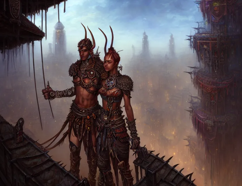 Prompt: you and a tana'ri warrior standing together on the balcony of the planescape city named sigil, crowded street below, beautiful digital painting in the style of wlop, volumetric lightning, intricate details, ultra realistic, by art germ, by gerald brom, fantasypunk, deep colors, amazing d & d art, trending cgsociety, artstation, sharp