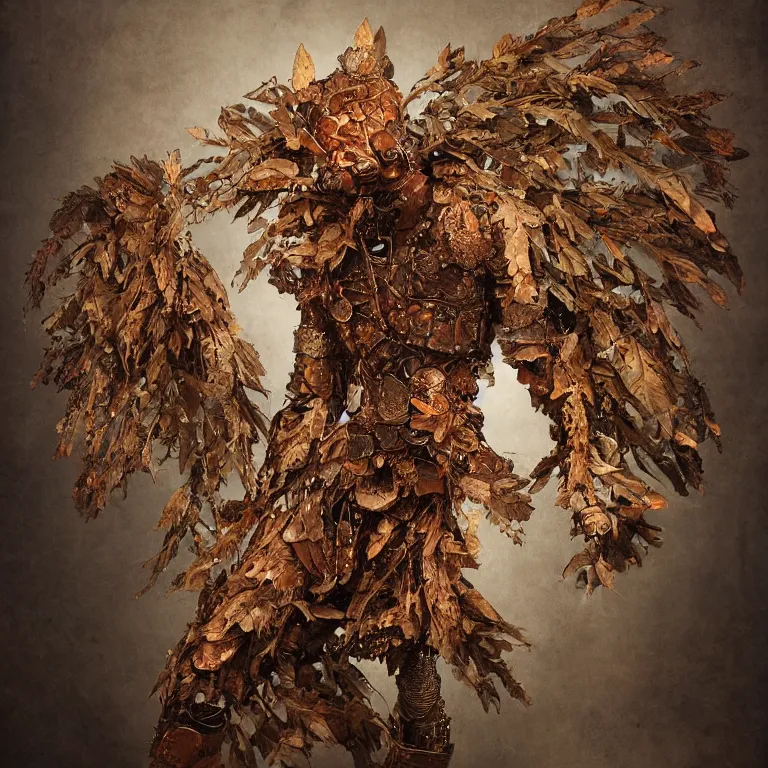 Prompt: rusted tintype portrait of realistic armour made of leaves, seen from behind dramatic light, dystopian environment, intricate, elegant, highly detailed, centered headdress, artstation, sharp focus, artgerm, tomasz alen kopera, peter mohrbacher, donato giancola, joseph christian leyendecker, wlop, boris vallejo, frank frazetta