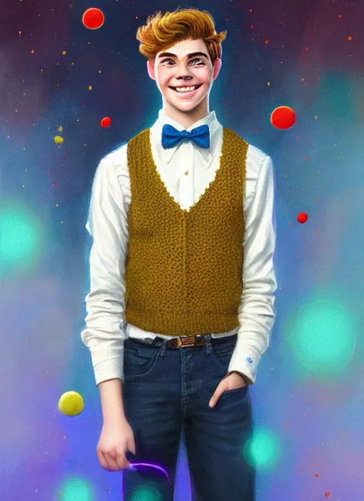 Image similar to portrait of teenage archie andrews, freckles, curly middle part haircut, curly hair, middle part hairstyle, smiling kindly, wearing a bowtie and sweater vest, intricate, elegant, glowing lights, highly detailed, digital painting, artstation, concept art, smooth, sharp focus, illustration, art by wlop, mars ravelo and greg rutkowski
