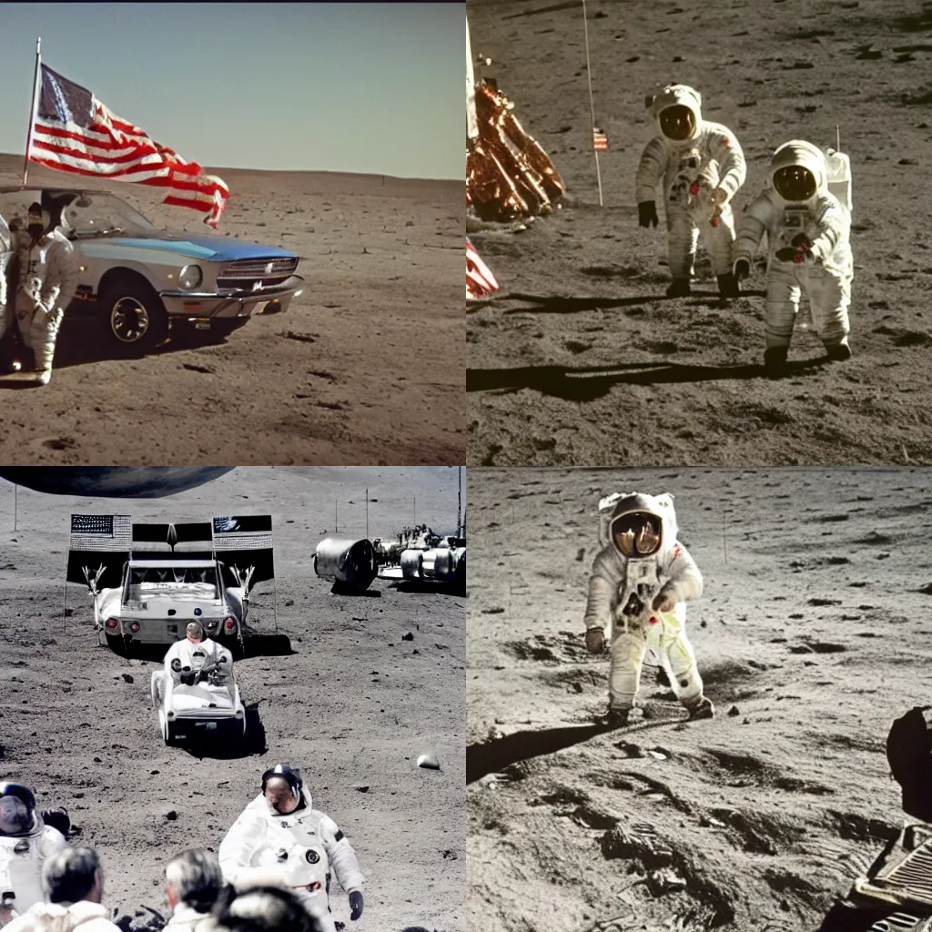 Prompt: moon landing, astronauts, apollo 1 1, ford mustang in background, high definition, grainy footage, close up