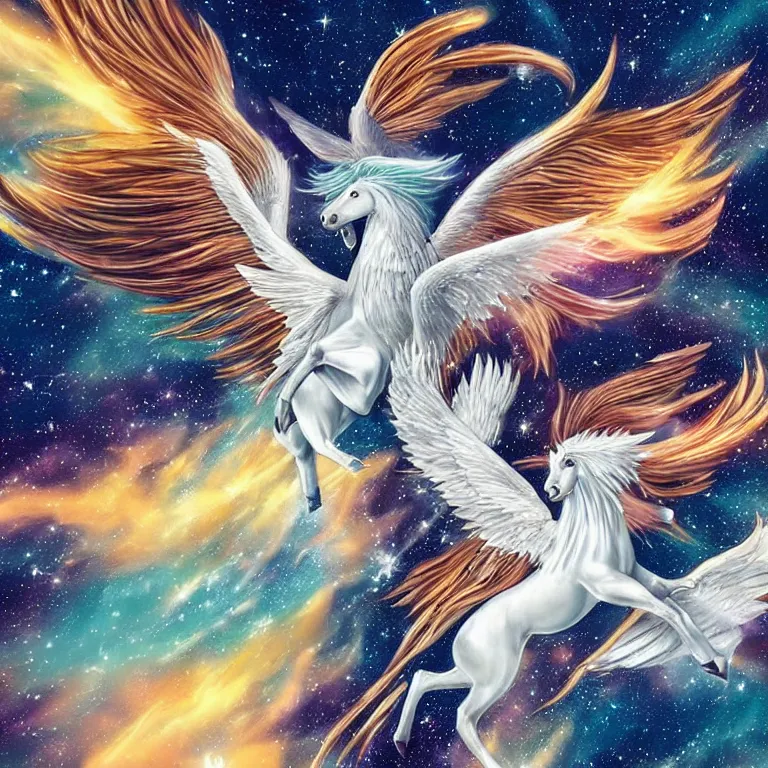 Image similar to beautiful mythical Pegasus flying through the cosmos
