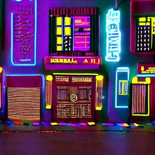 Image similar to ndebele cyberpunk city of the future, 4 0 mm street scene, ndebele neon lights, high definition, detailed, futuristic, night scene, realistic